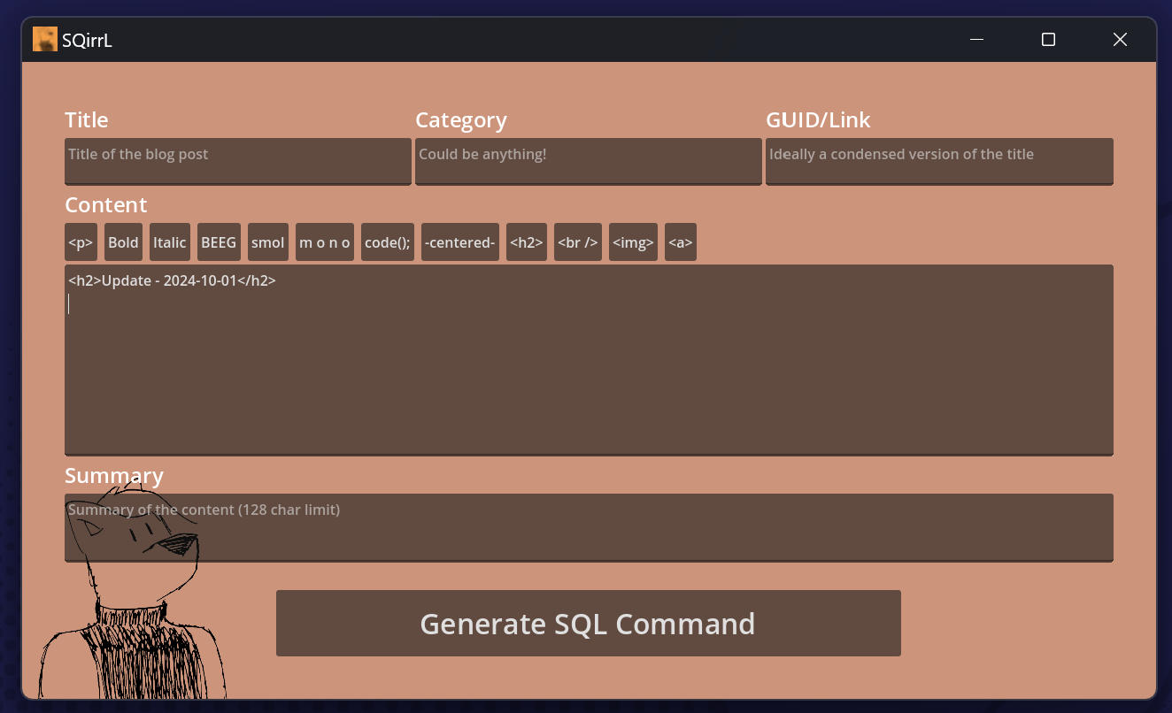 Screenshot of the SQirrL program, now with some formatting buttons